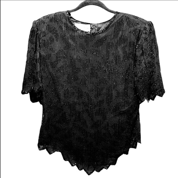 Laurence Kazar Tops - VTG Laurence Kazar Beaded Silk Top Black Sequin Evening Blouse Scalloped Size XL